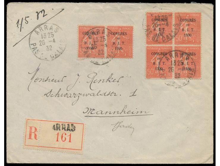 6 x 50 C.  "Congrès de B.I.T. 1930"  auf   Einschreibbrief mit Stempel Arras 26.4.32 nach Deutschland, Ankunftsstempel Mannhe