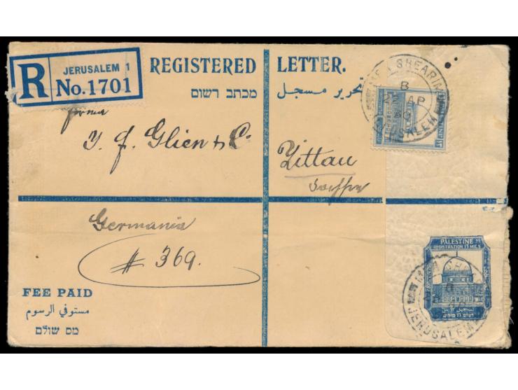 R-Ganzsachenumschlag 13 M. mit Zusatzfrankatur 13 M. nach Deutschland, Stempel  Mea Shearim Jerusalem  22.4.30, handschriftli