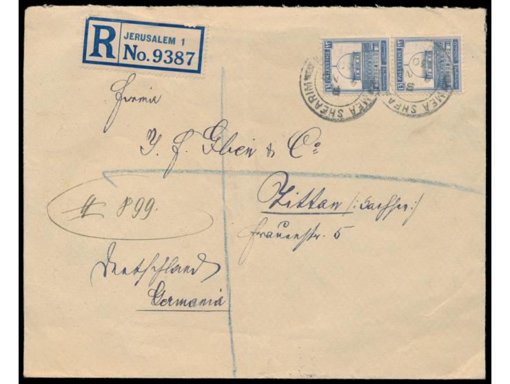 2 x 13 M. auf  Einschreibbrief  mit Stempel  Mea Shearim Jerusalem  4.11.30 nach Deutschland, handschriftlicher Registrierver