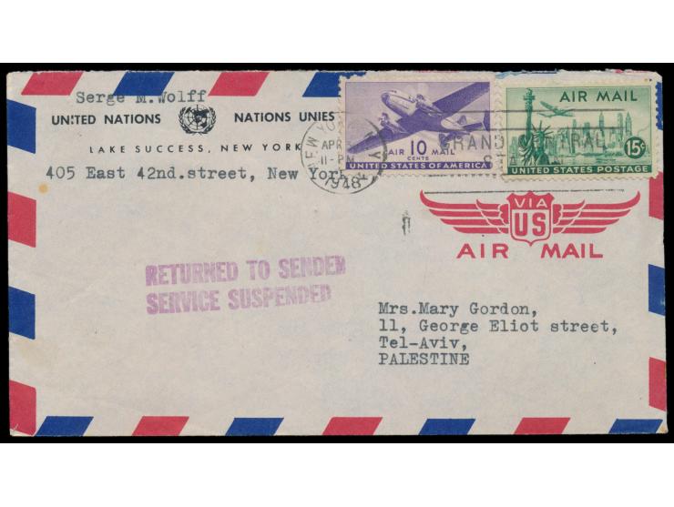 USA 10 C. und 25 C. Air Mail auf Luftpostbrief nach Tel-Aviv / Palästina, Maschinenstempel New York 30.4.1948, violetter L2  