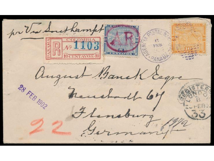 Einschreiben-Rückschein-Brief nach Deutschland, Frankatur 10 C. Landschaft,  Einschreibmarke 10 C.  braunrot und  Rückscheinm