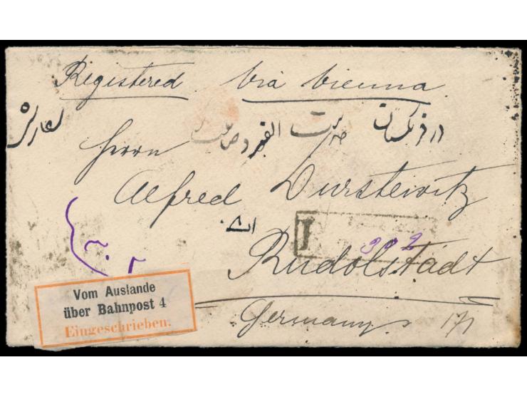 3 x 5 Ch. und 10 Ch. (Ausgabe 1903) rückseitig auf  Einschreibbrief  nach Deutschland, Stempel  Ispahan  13.6. und R-Stempel,