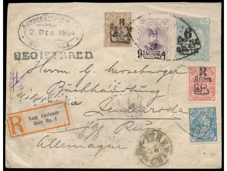 Ganzsachenumschlag 6 Ch. auf 10 Ch. mit Zusatzfrankatur 3 Ch. auf 5 Ch., 6 Ch. auf 10 Ch. und 9 Ch. auf 1 Kr. (Ausgabe 1904) 