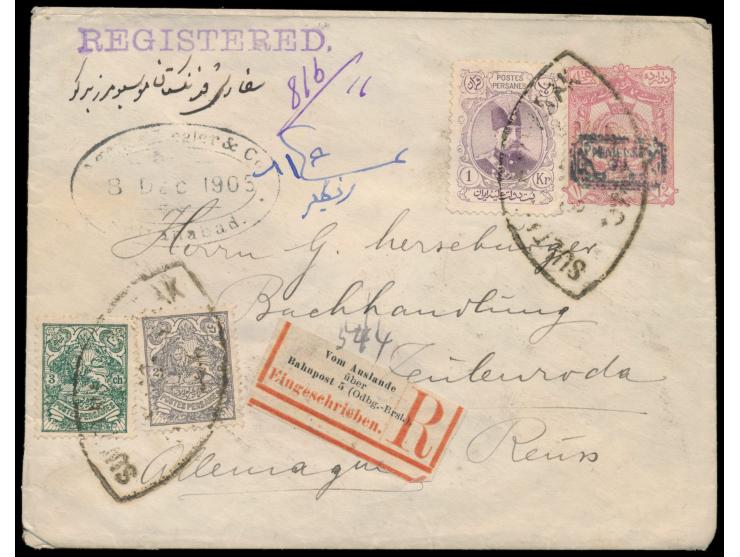 Ganzsachenumschlag 12 Ch. mit Aufdruck "Provisoire 1319" (1902) mit Zusatzfrankatur 2 x 2 Ch. (1 x rückseitig), 3 Ch. und 1 K
