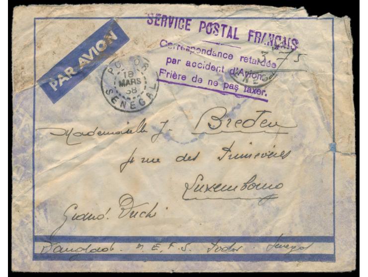 rückseitig frankierter Luftpostbrief aus dem Senegal mit Air France  nach Luxemburg,  Stempel Podor 23.3.38, mit  Air France 