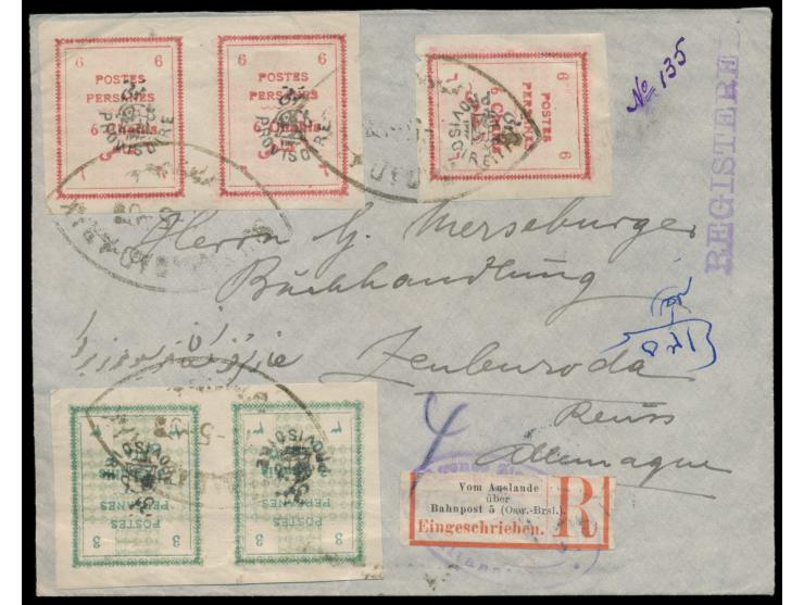 Täbris-Ausgabe &nbsp;mit Aufdruck Provisoire 2 x 1 Ch. (gezähnt), 2 x 3 Ch. und 3 x 6 Ch. beidseitig auf &nbsp;Einschreibbrie