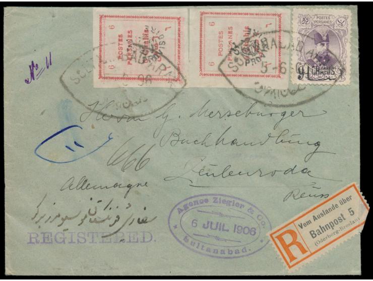 9 Ch. auf 1 Kr. (1904) und Täbris-Aushilfsausgabe 2 x 1 Ch., 3 Ch. und 2 x 6 Ch.(1906) beidseitig auf  Einschreibbrief  nach 