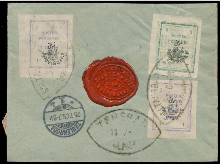 9 Ch. auf 1 Kr. (1904) und Täbris-Aushilfsausgabe 2 x 1 Ch., 3 Ch. und 2 x 6 Ch.(1906) beidseitig auf  Einschreibbrief  nach 