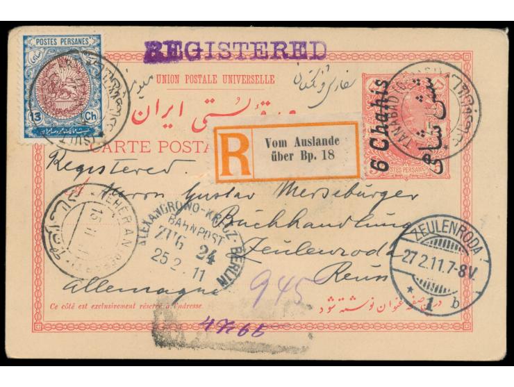 Ganzsache 6 Ch. auf 5 Ch. mit Zusatzfrankatur 13 Ch. Wappen (Ausgabe 1909) als  Einschreiben  nach Deutschland, Stempel  Sult