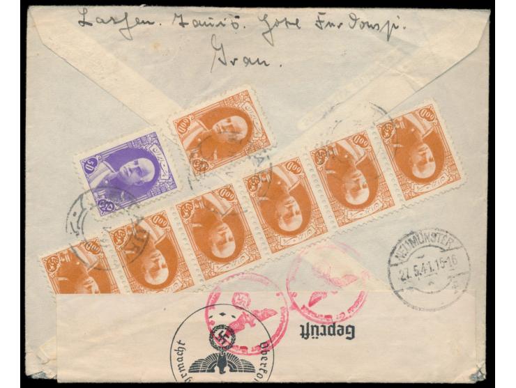 Schah Resa Pahlewi 5 D. und 7 x 60 D. (1938) rückseitig auf Einschreibbrief mit Stempel Tauris 8.5.41 und  R-Zettel Tauris  n