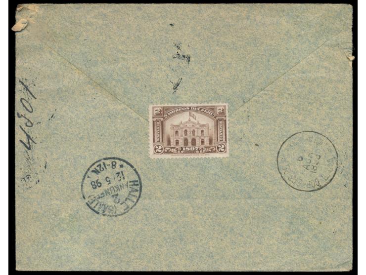 3 x 10 C. Pizarro (1896) auf Einschreibbrief mit Stempel  Pasco  4.4.1899 nach Deutschland, roter Ovalstempel  Certificado Pa