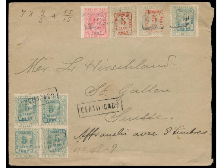 1897: 5 C. mit  Habilitado 1897-Aufdrucken  in rot (zwei) und blau (Viererblock und Einzelmarke) und 15 C. in schwarz auf  Ei