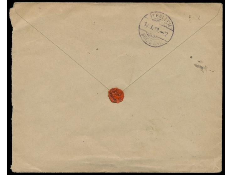 1897: 5 C. mit  Habilitado 1897-Aufdrucken  in rot (zwei) und blau (Viererblock und Einzelmarke) und 15 C. in schwarz auf  Ei