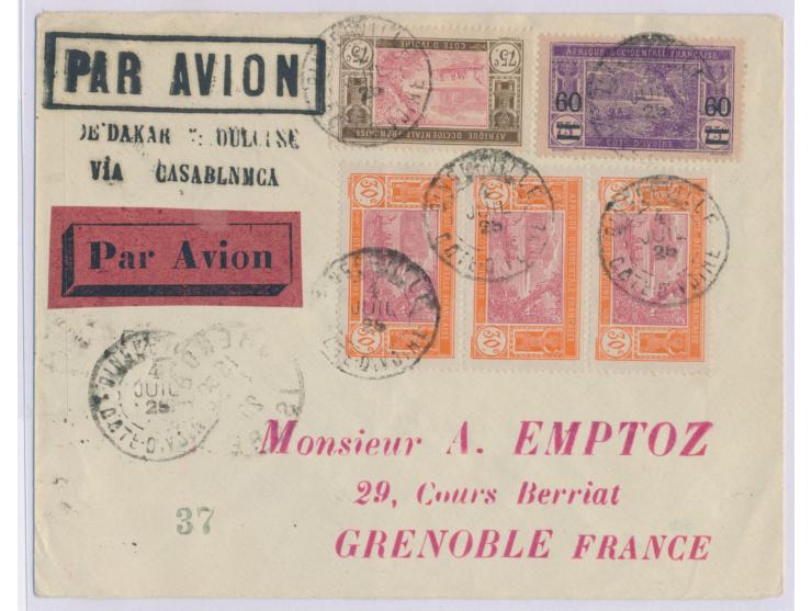 Elfenbeinküste,  5 Sondermarken Cote d´Ivoire auf Luftpostbrief nach Grenoble via Casablanca, Stempel  Bingerville 4.7.25, An