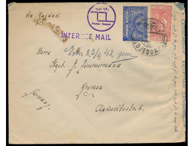 3 G. und Zwangszuschlagsmarke 1/8 G. auf Brief mit Stempel  Djeddah  12.2.42 nach Deutschland, Stempel  Internee Mail,  ägypt