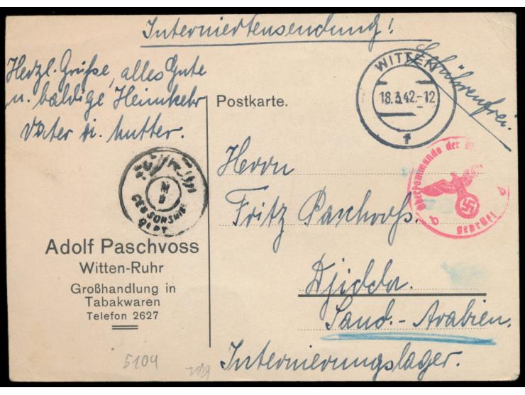 portofreie Internierten-Postkarte aus Deutschland mit Stempel &nbsp;Witten &nbsp;18.3.42 an den Deutschen Fritz Paschvoss im 