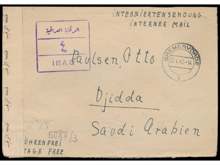 portofreier Interniertenbrief mit Stempel  Bremervörde  22.4.42 an den Deutschen Otto Paulsen im  Internierungslager Djidda /