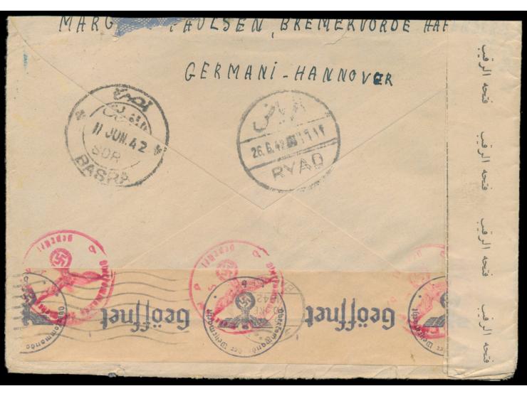 portofreier Interniertenbrief mit Stempel  Bremervörde  22.4.42 an den Deutschen Otto Paulsen im  Internierungslager Djidda /