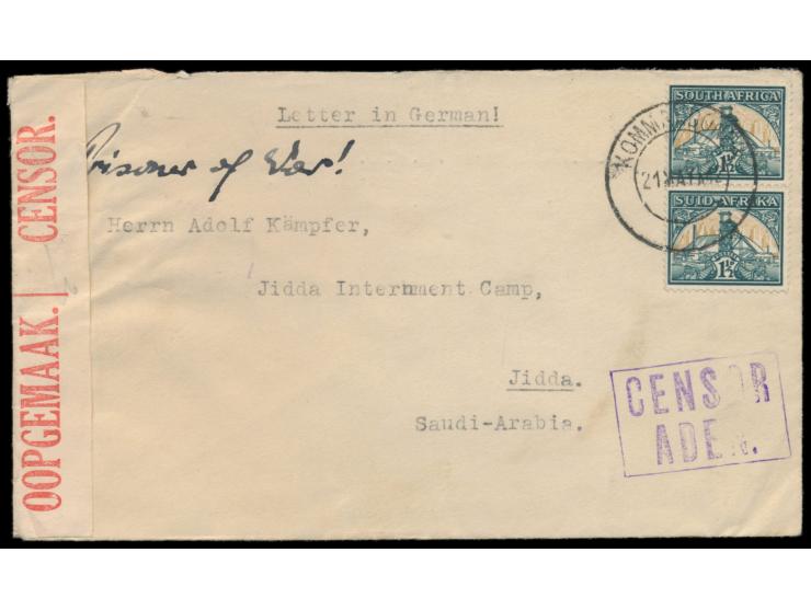 Südafrika  2 x 1 1/2 d. auf Brief mit Stempel  Kommandonek  21.5.42 an den Deutschen Adolf Kämpfer im  Internierungslager Dji