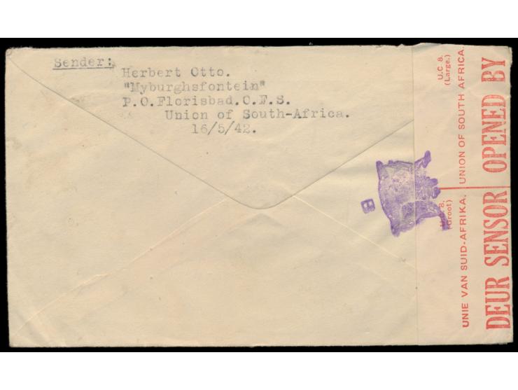 Südafrika  2 x 1 1/2 d. auf Brief mit Stempel  Kommandonek  21.5.42 an den Deutschen Adolf Kämpfer im  Internierungslager Dji