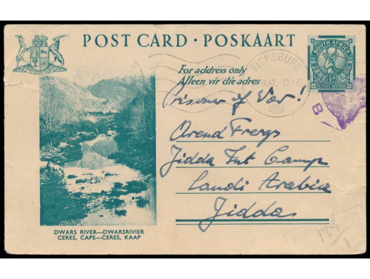 Südafrika-Bildganzsache &nbsp;1/2 d. mit Maschinenstempel &nbsp;Ficksburg &nbsp;30.6.42 an einen Deutschen im &nbsp;Internier