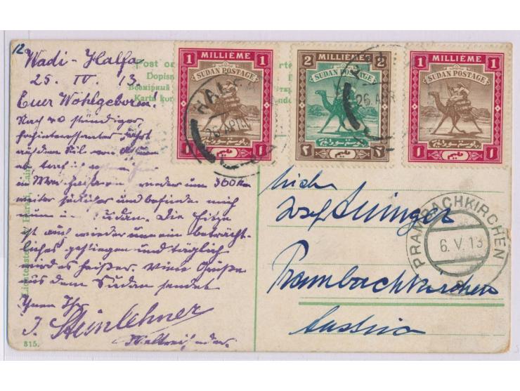 2 x 1 M. und 2 M. auf Ansichtskarte Wadi Halfa mit vervielfältigtem Bericht des deutschen Afrika-Reisenden &nbsp;Josef Steinl