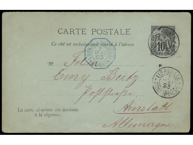 Französisch-Congo,  Frage-Ganzsache 10 Ct. Colonies Postes, Stempel Libreville 7.5.93, Bedarf nach Deutschland, Transitstempe