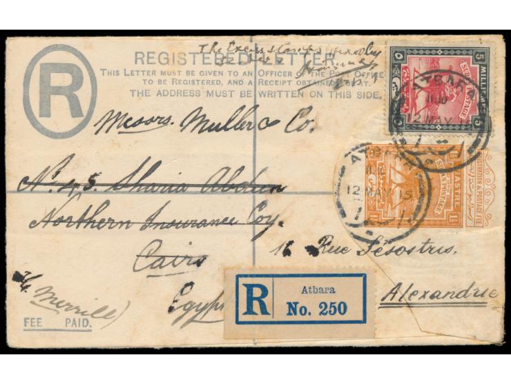 Einschreib-Ganzsache  1 1/2 P. braunorange mit Zusatzfrankatur 5 P., (vom Absender verklebt), Stempel Atbara 12.5.15, Bedarf 