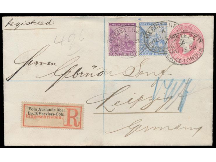 Cape of Good Hope,  Ganzsachenumschlag 1 d. mit Zusatzfrankatur 2 1/2 d. und 3 d. als  Einschreiben  nach Deutschland, Stempe