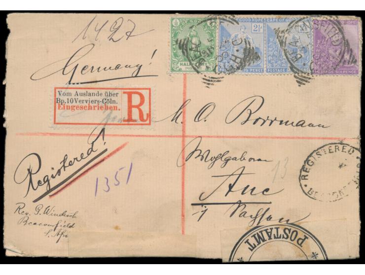 Cape of Good Hope,  1/2 d., 2 x 2 1/2 d. und 6 d. auf  Einschreibbrief  nach Deutschland, Squared Circle  Beaconsfield  24.9.