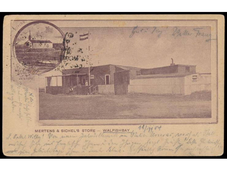 Cape of Good Hope,  Ganzsache One penny auf Three Half Pence mit rückseitigem  Bildzudruck Walfishbay:  Mertens &amp; Sichel´