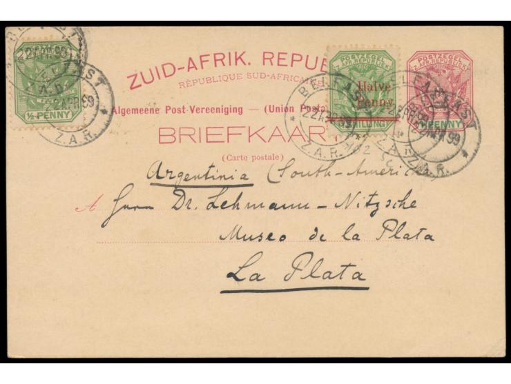 Transvaal,  zwei Z.A.R.-Ganzsachen 1/2 P. und 1 P. mit Zusatzfrankatur  nach Argentinien,  Stempel  Belfast Z.A.R.  22.4.99 b