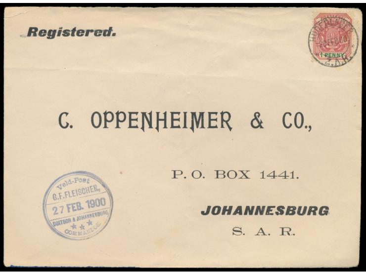Transvaal,  1 Penny auf Briefumschlag nach Johannesburg, zentrischer Feldpoststempel  Hoofdlager Z.A.R.  28.2.00, Absenderste