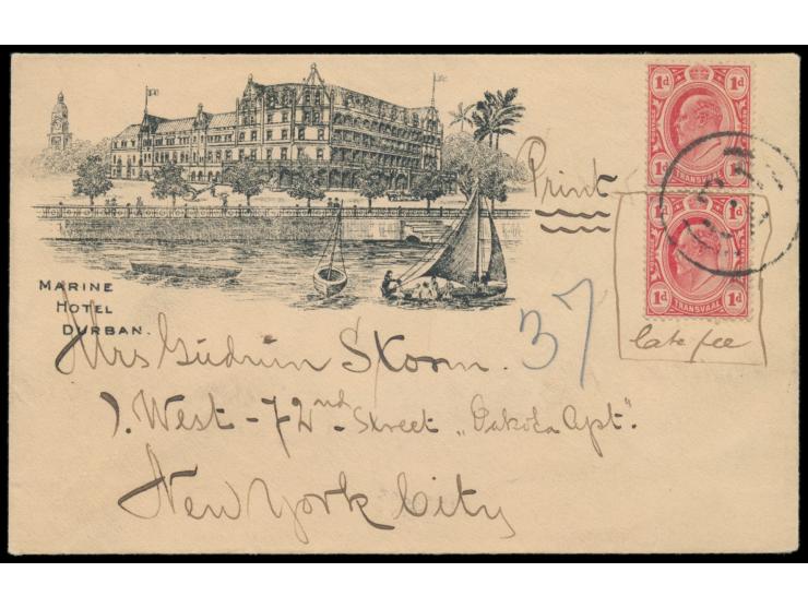 Transvaal,  2 x 1 d. auf Reklameumschlag  Marine Hotel Durban  als Drucksache mit stummem Stempel nach New York, eine Marke e