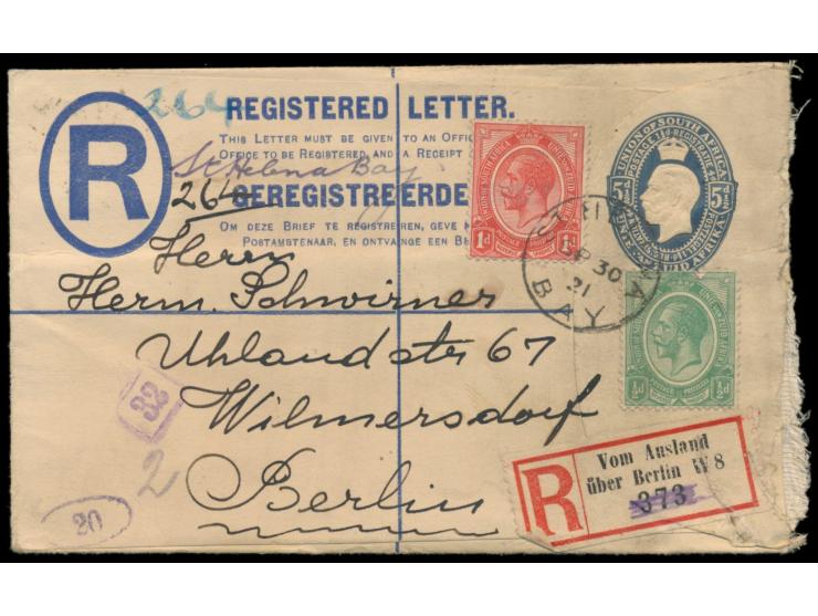 R-Ganzsache 5 1/2 d. mit Zusatzfrankatur 1/2 d. und 1 d. nach Berlin, Stempel  St. Helena Bay  30.9.21 (Provinz Westkap),  ha