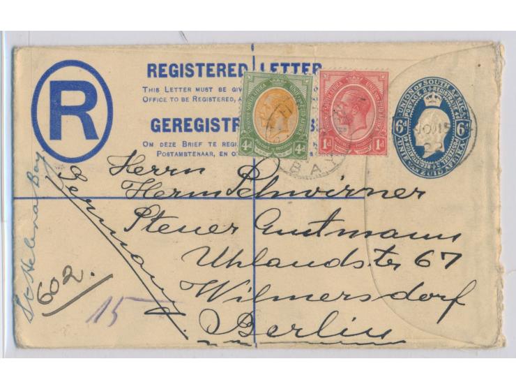 R-Ganzsache 6 d. mit Zusatzfrankatur 1 d. und 4 d. nach Berlin, Stempel  St. Helena Bay  15.11.22 (Provinz Westkap),  handsch