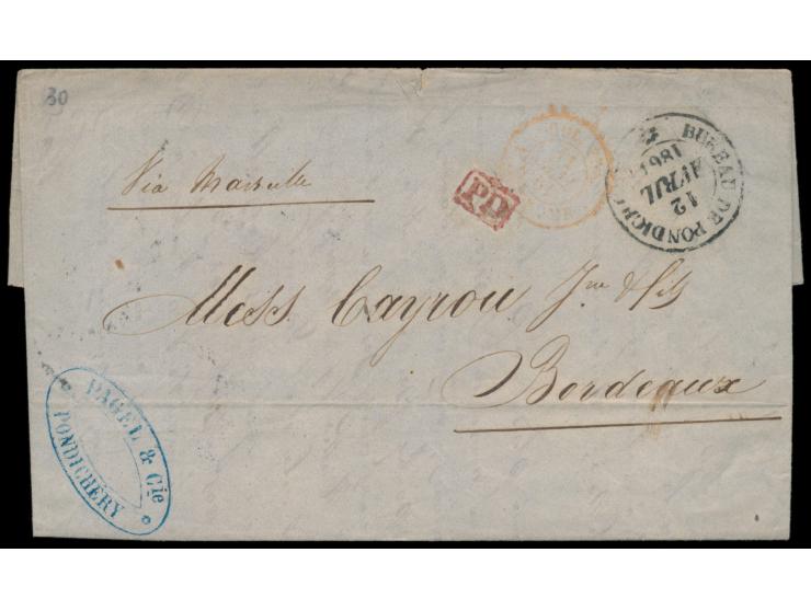 Französisch-Indien,  Stempel  Bureau de Pondichery  12.4.1861 auf Faltbrief nach Bordeaux, roter Stempel PD, Absenderstempel 