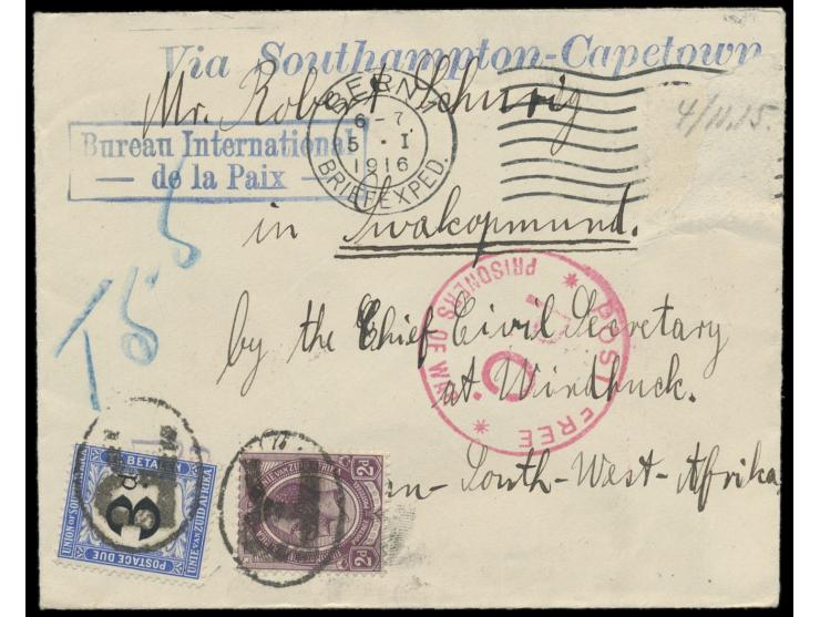 Brief nach Südwestafrika, vermittelt durch das  Burea International de la Paix  in der Schweiz, Leitstempel "Via Southampton 