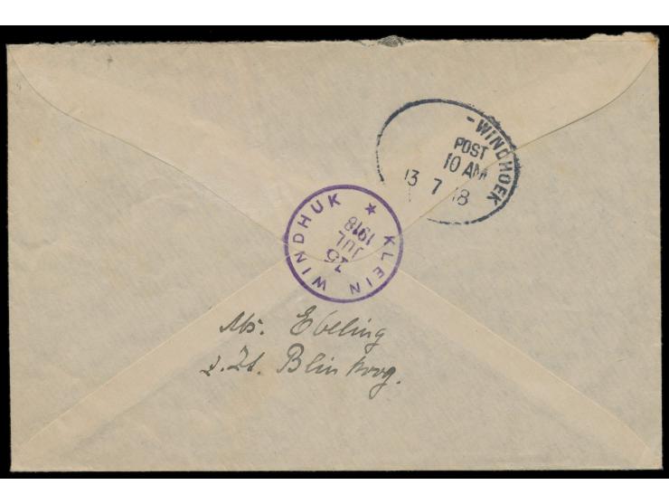 seltener violetter Gummistempel &nbsp;Klein Windhuk &nbsp;16. Jul. 1918 als Ankunftstempel auf Brief mit Südafrika 1 d. und S