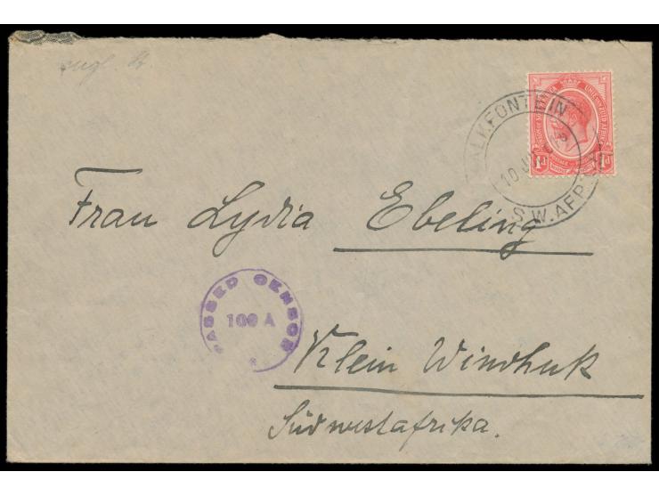 seltener violetter Gummistempel &nbsp;Klein Windhuk &nbsp;16. Jul. 1918 als Ankunftstempel auf Brief mit Südafrika 1 d. und S