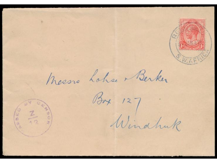 Südafrika 1 d. auf Brief mit Stempel  Rehoboth S.W.Africa  8.1.19 nach Windhoek, vorderseitig violetter Kreisstempel  Passed 