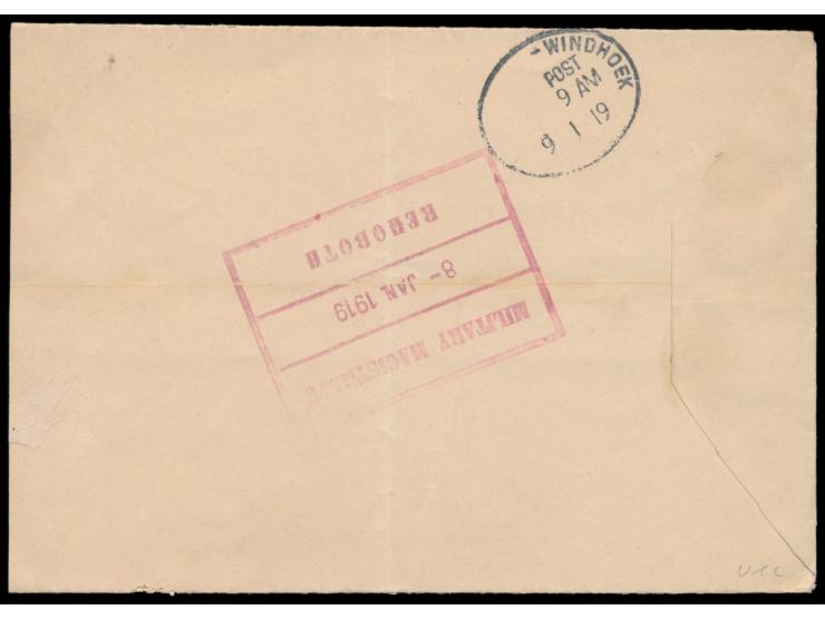 Südafrika 1 d. auf Brief mit Stempel  Rehoboth S.W.Africa  8.1.19 nach Windhoek, vorderseitig violetter Kreisstempel  Passed 