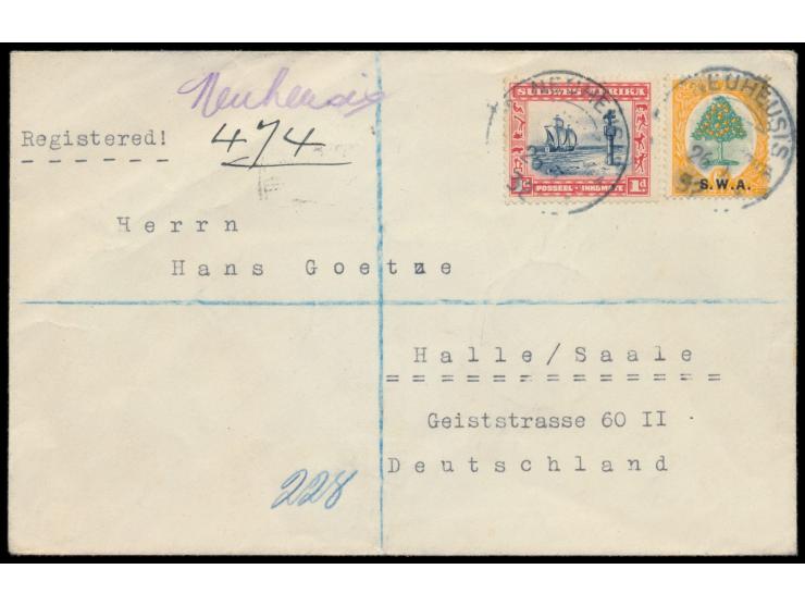 1 d. und 6 d. auf  Einschreibbrief  mit aptiertem deutschen Stempel  Neuheusis  26.9.32 nach Deutschland,  handschriftlicher 