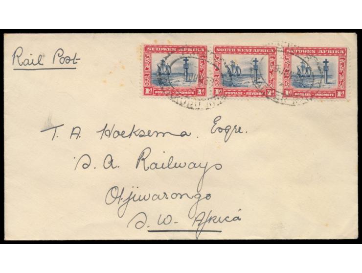 waagerechter Dreierstreifen 1 d. (einige Zahnspitzen mit Stockpunkten) auf Brief "Rail Post" von Omaruru nach Otjiwarongo, 2 