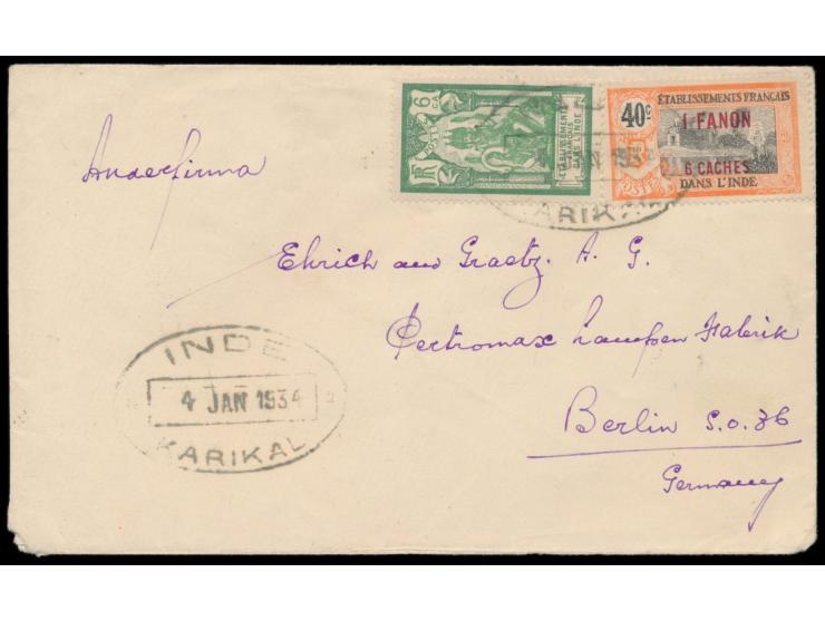 Französisch-Indien,  1 fa 6 ca auf 40 C. (1923) und 6 ca (1929) auf Brief mit Ovalstempel  Inde / Karikal  4.1.1934 nach Berl