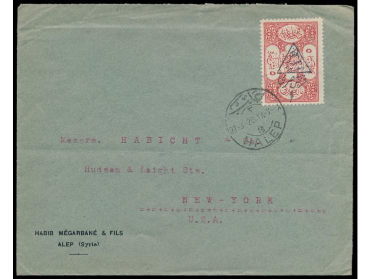 Königreich,  Stempelmarke der Türkei mit schwarzem Überdruck 1 Pia. auf Auslandsbrief nach USA, Stempel  Halep  27.3.20, schw