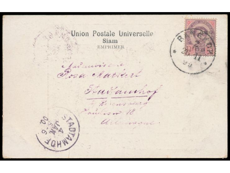 3 Atts auf 12 Atts mit Stempel  Bangkok 2   26.11.99 auf Ansichtskarte "Balkon, von welchem der König den Elefanten besteigt"