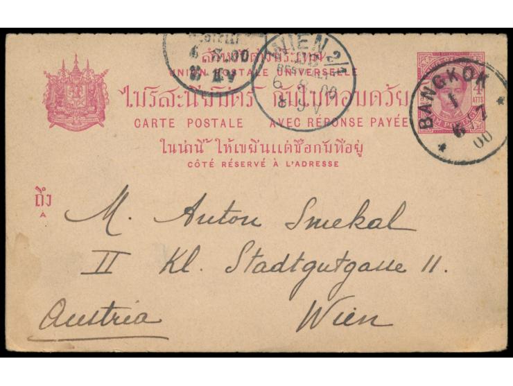 Ganzsachen-Doppelkarte 4 Atts + 4 Atts (Higgins &amp; Gage No. 4), Stempel  Bangkok 1  6.7.00, nach Österreich, Ankunftstempe