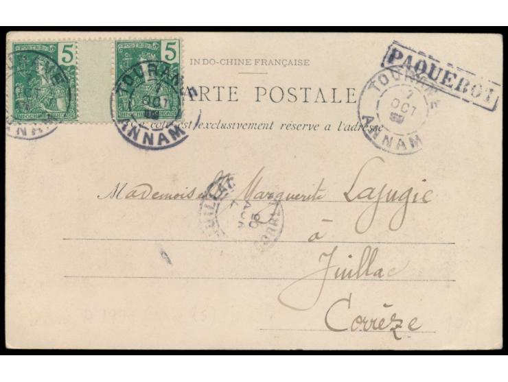 Indochina,  Zwischensteg-Paar 5 C. auf Ansichtskarte nach Frankreich, Stempel  Tourane / Annam  7.10.05 und R1  Paquebot,  An