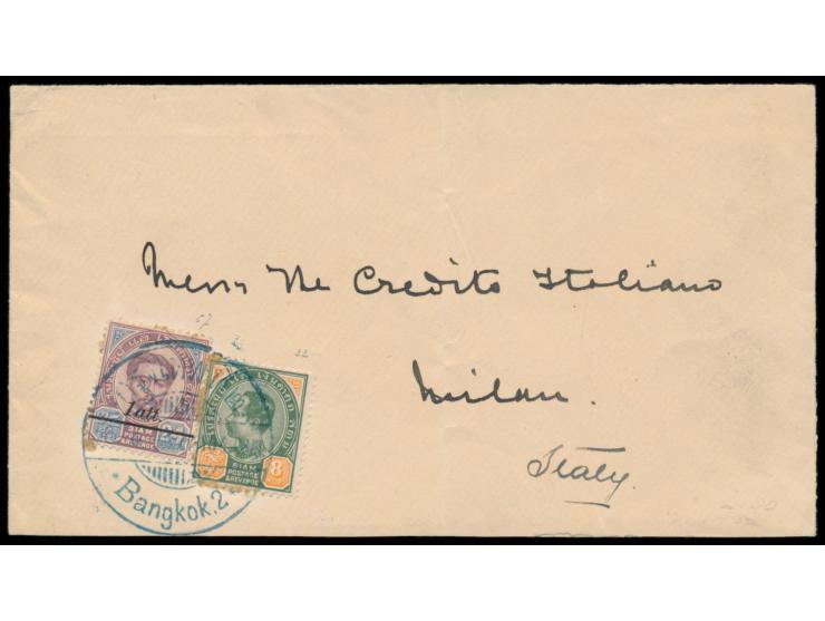 Mischfrankatur 8 Atts (1899) mit 1 Att auf 24 Atts (1907) auf  Auslandsbrief nach Italien,  blauer Stempel  Bangkok 2  10.4.1